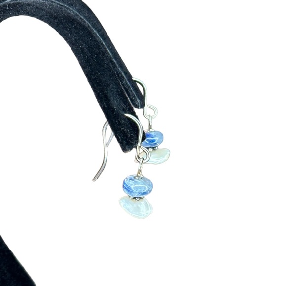 Vintage Sterling Silver Pearl & Blue Stone Dainty Dangle Earrings - Picture 2 of 5